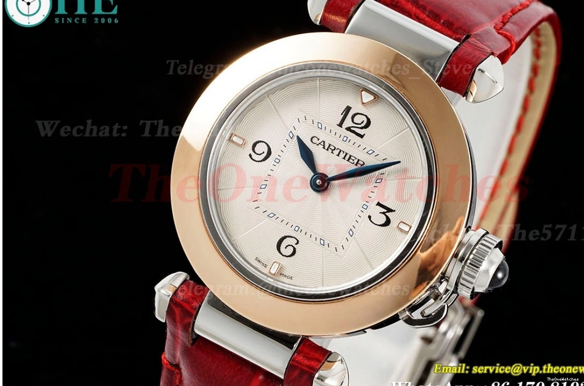 30mm SS De Ladies White LE Cartier Quartz RG Dial Red Pasha AF 0325